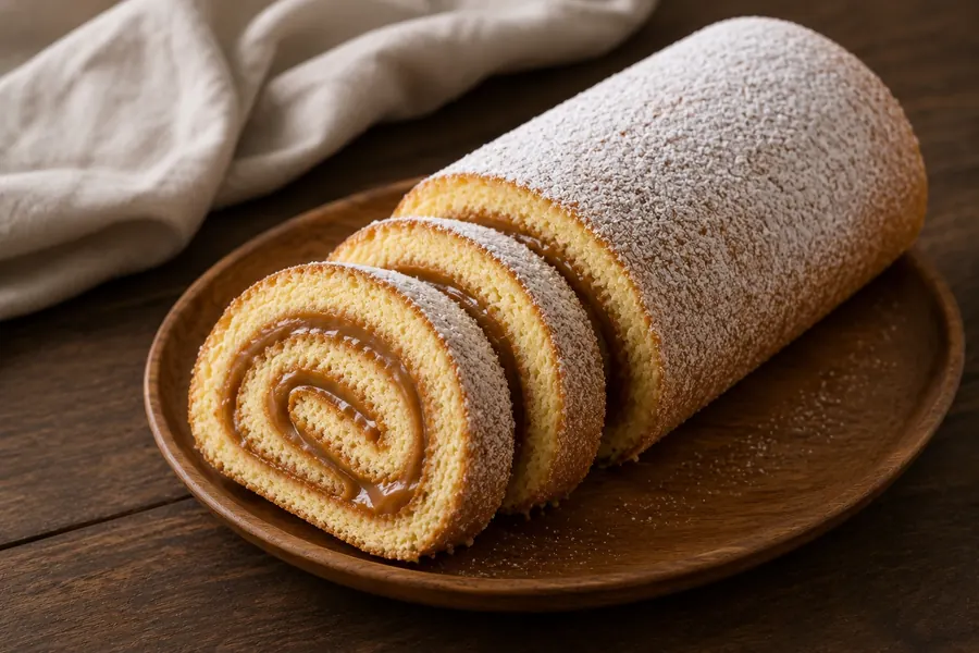 Brazo de reina con manjar y azúcar flor